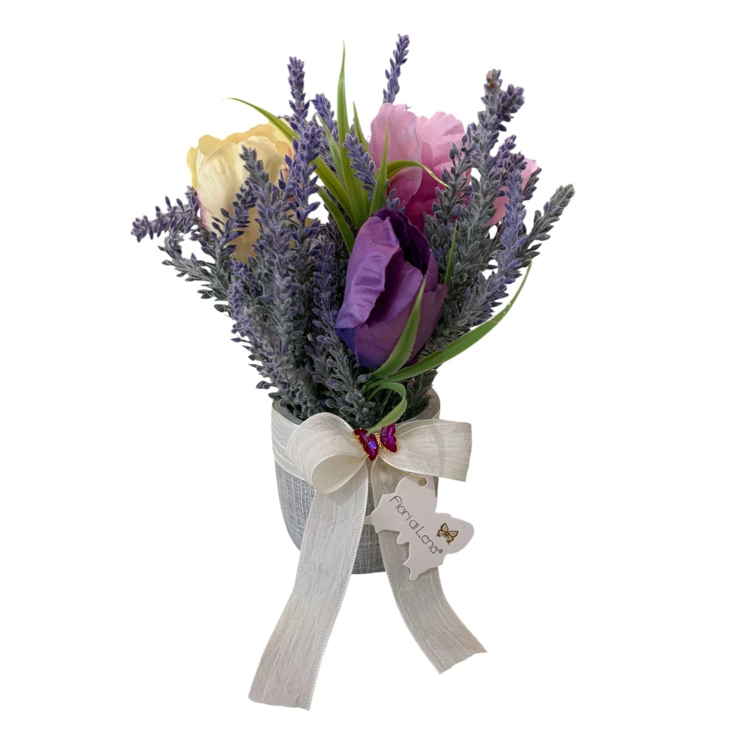 VASETTO PIETRE CON LAVANDA E TULIPANI H.22 CM.