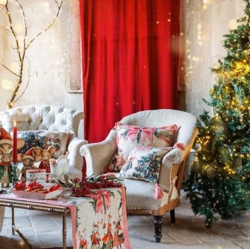 CUSCINO STAMPATO E RICAMATO CON NAPPE "FAVOLA DI NATALE"