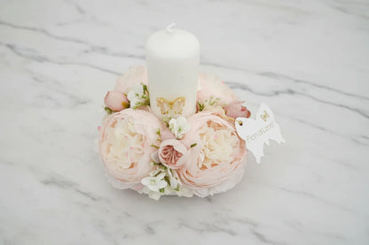 PORTACANDELA C/4 RANUNCOLI E APPLICAZIONE FARFALLA D. 15X12 C/SCATOLA