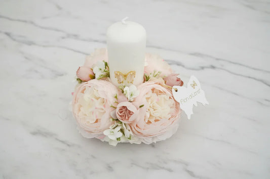 PORTACANDELA C/4 RANUNCOLI E APPLICAZIONE FARFALLA D. 15X12 C/SCATOLA