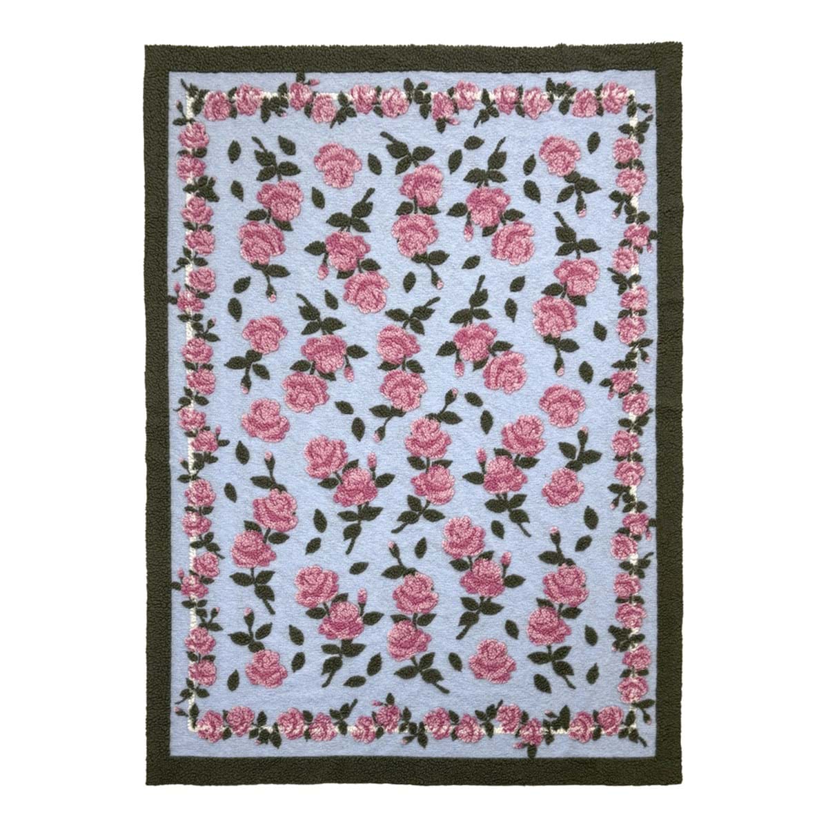 Plaid in misto lana con rose rosa su fondo azzurro 160 x 200 cm