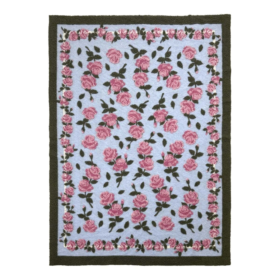 Plaid in misto lana con rose rosa su fondo azzurro 160 x 200 cm