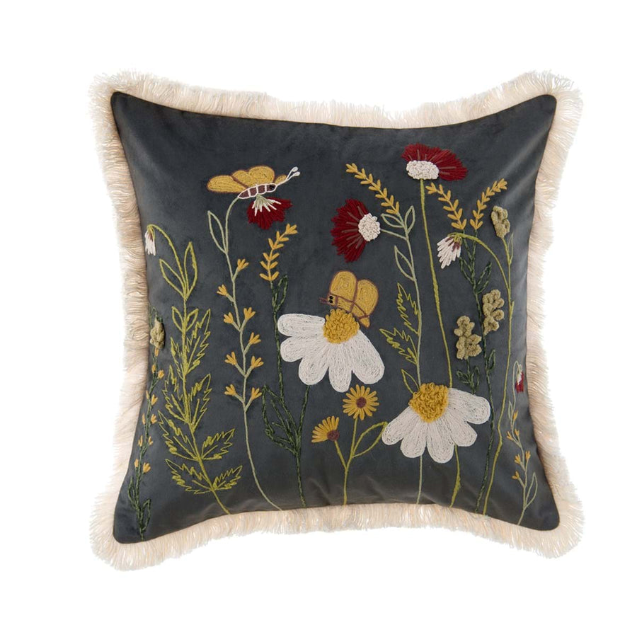 Cuscino floreale ricamato multicolor su fondo antracite 45 x 45 cm