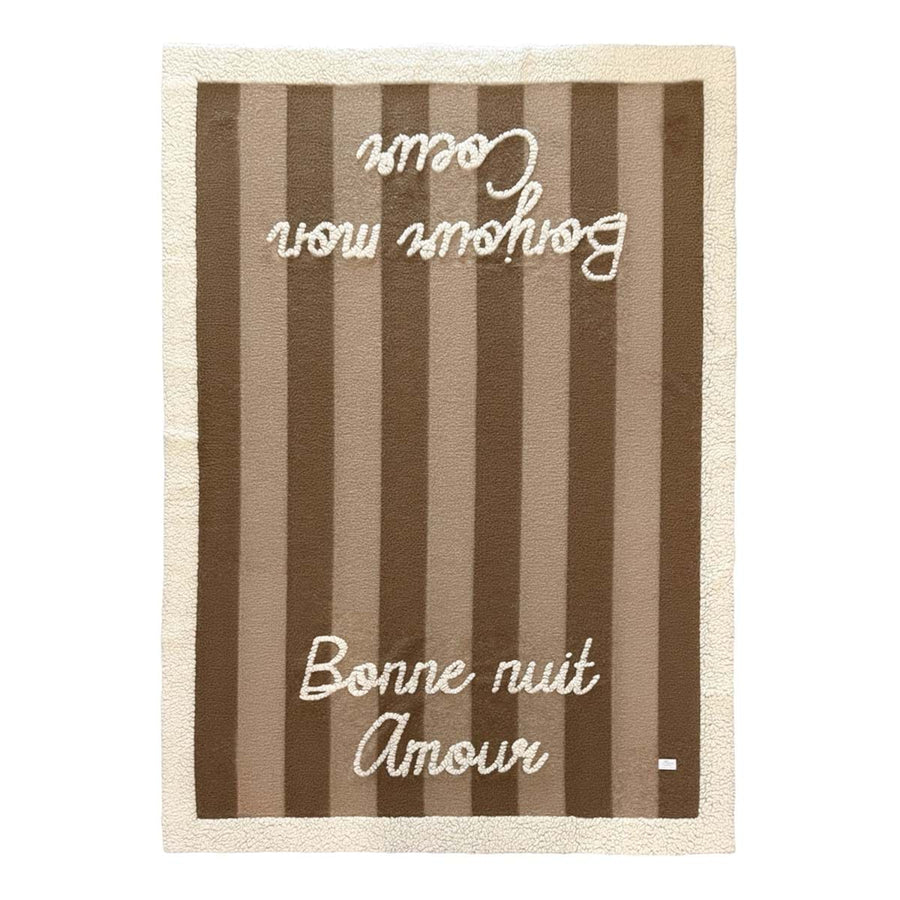 Plaid in misto lana a righe beige e marrone con scritta Bonne Nuit Amour 160 x 200 cm