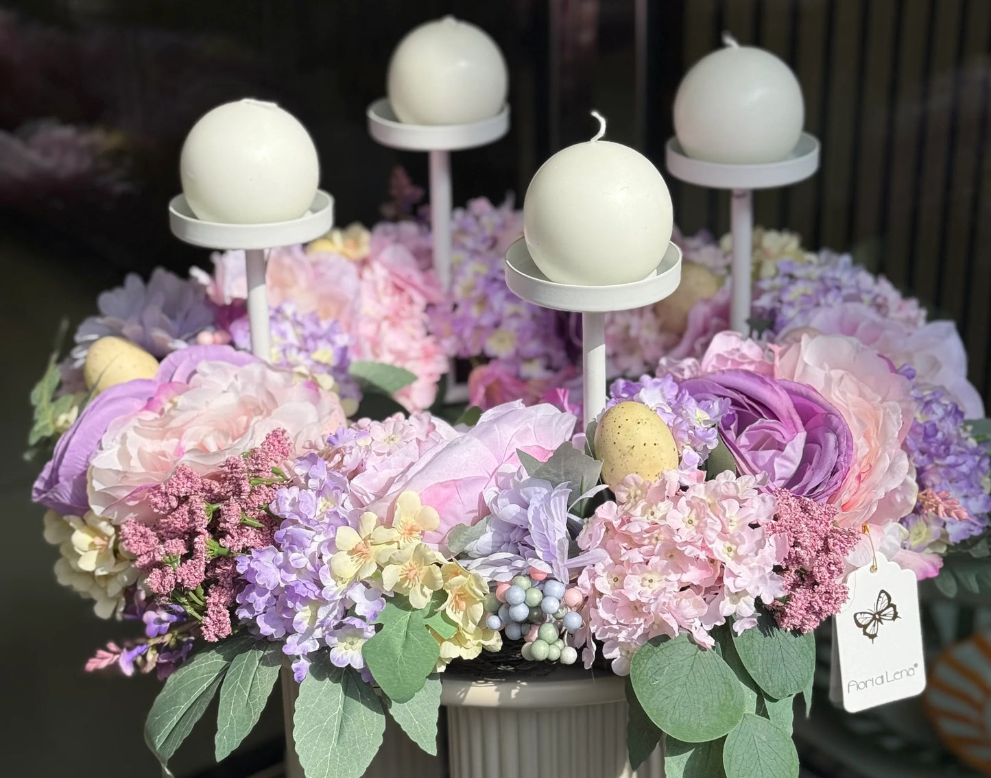 CENTRO TAVOLA FERRO BASSO CON DECORA FLOREALE D. 60 cm.